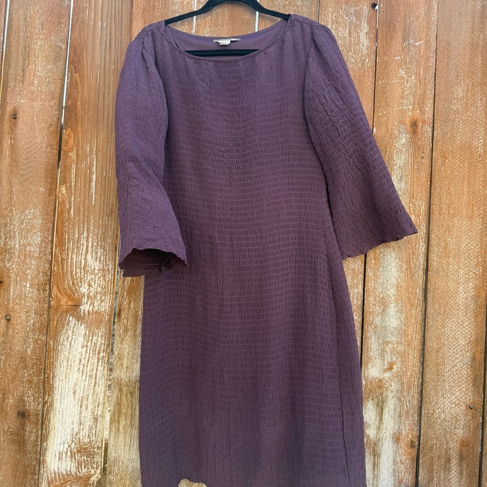 ISABELLA BIRD Women’s Silk Smocked Purple Crew Neck Flare Sleeve Dress Size 8
